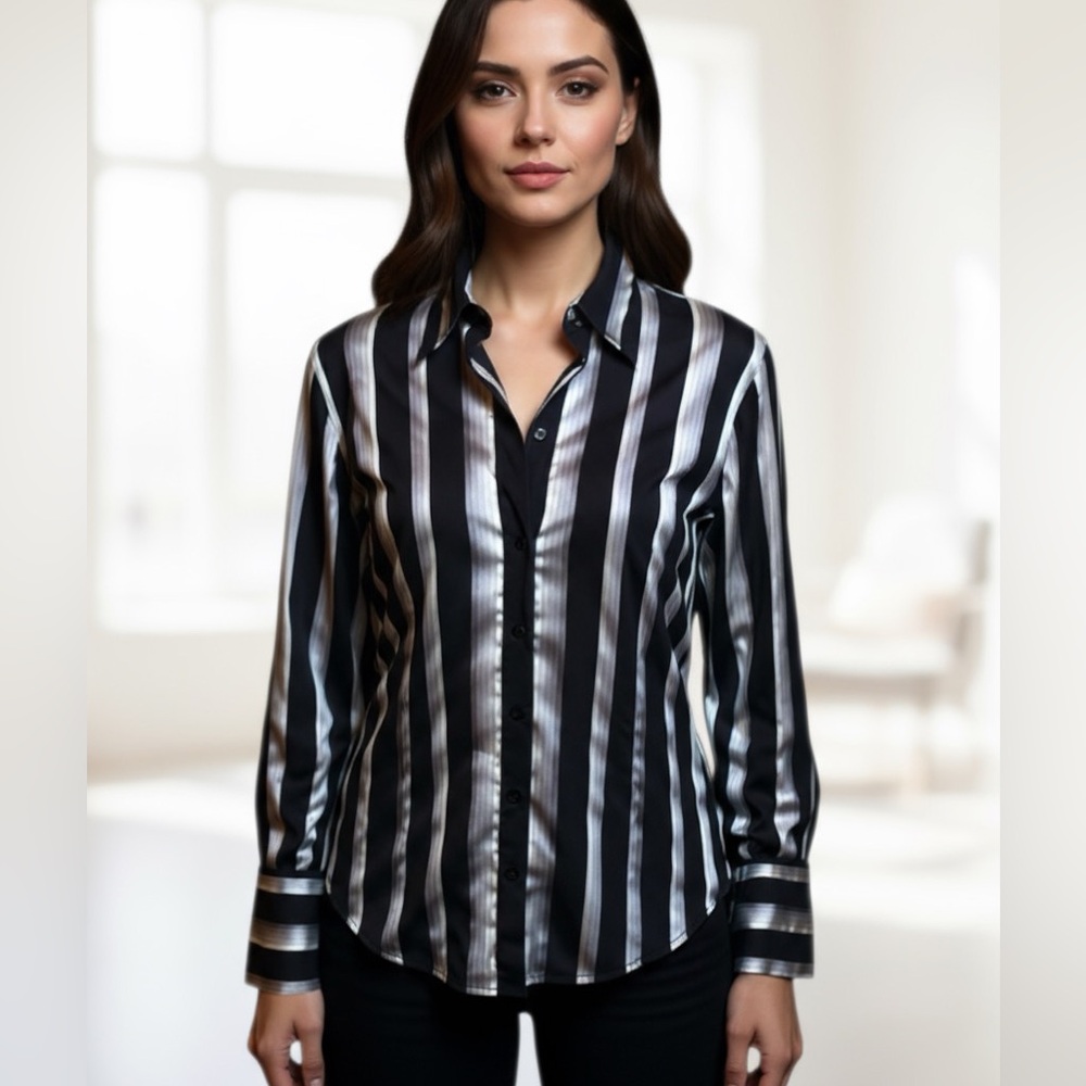 New York & Company Black and Silver Button Down